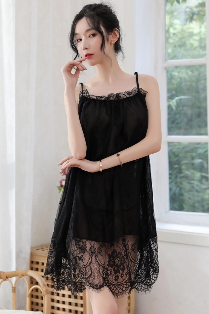 Alt: Model in private label burgundy lace Pajamas with black sheer lace