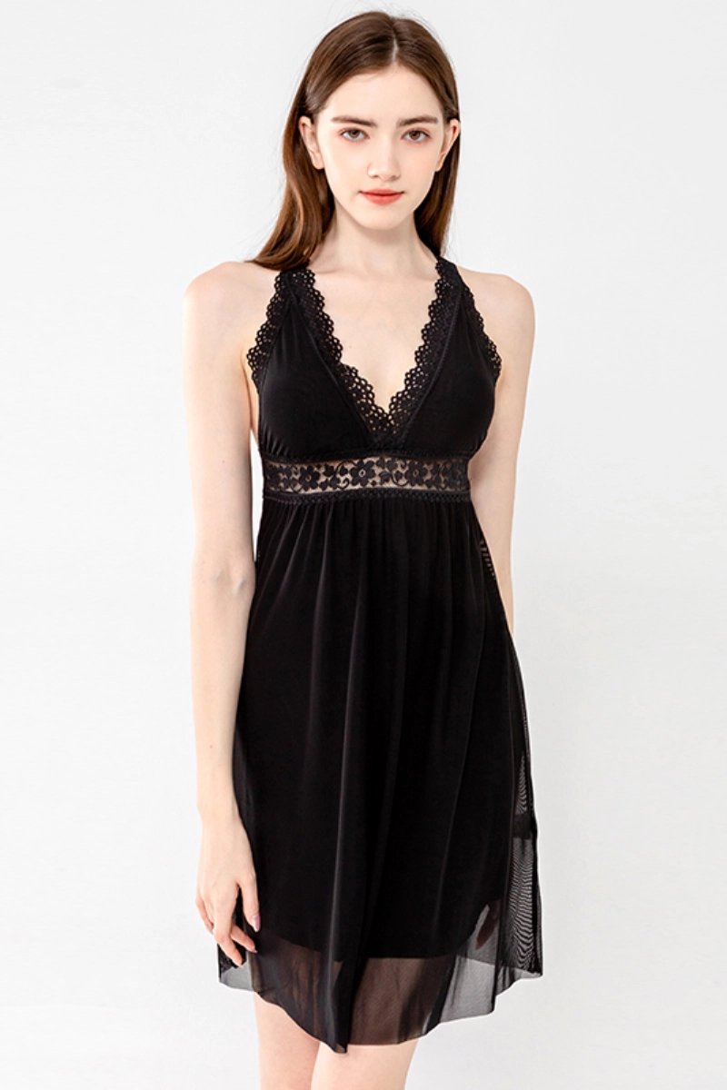 Alt:private label lace wrap Pajamas featuring deep V lace in black