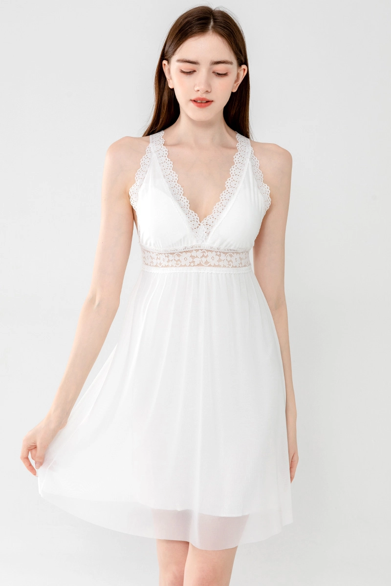 Alt:private label lace wrap Pajamas with floral lace trim in white