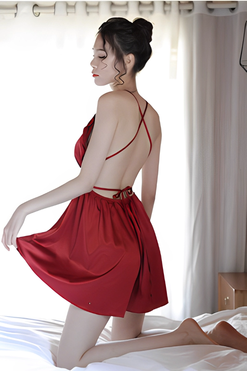 wholesale Pajama satin lace featuring deep red satin and crisscross back