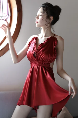 red wholesale Pajama satin lace with front gathered ruffle trim