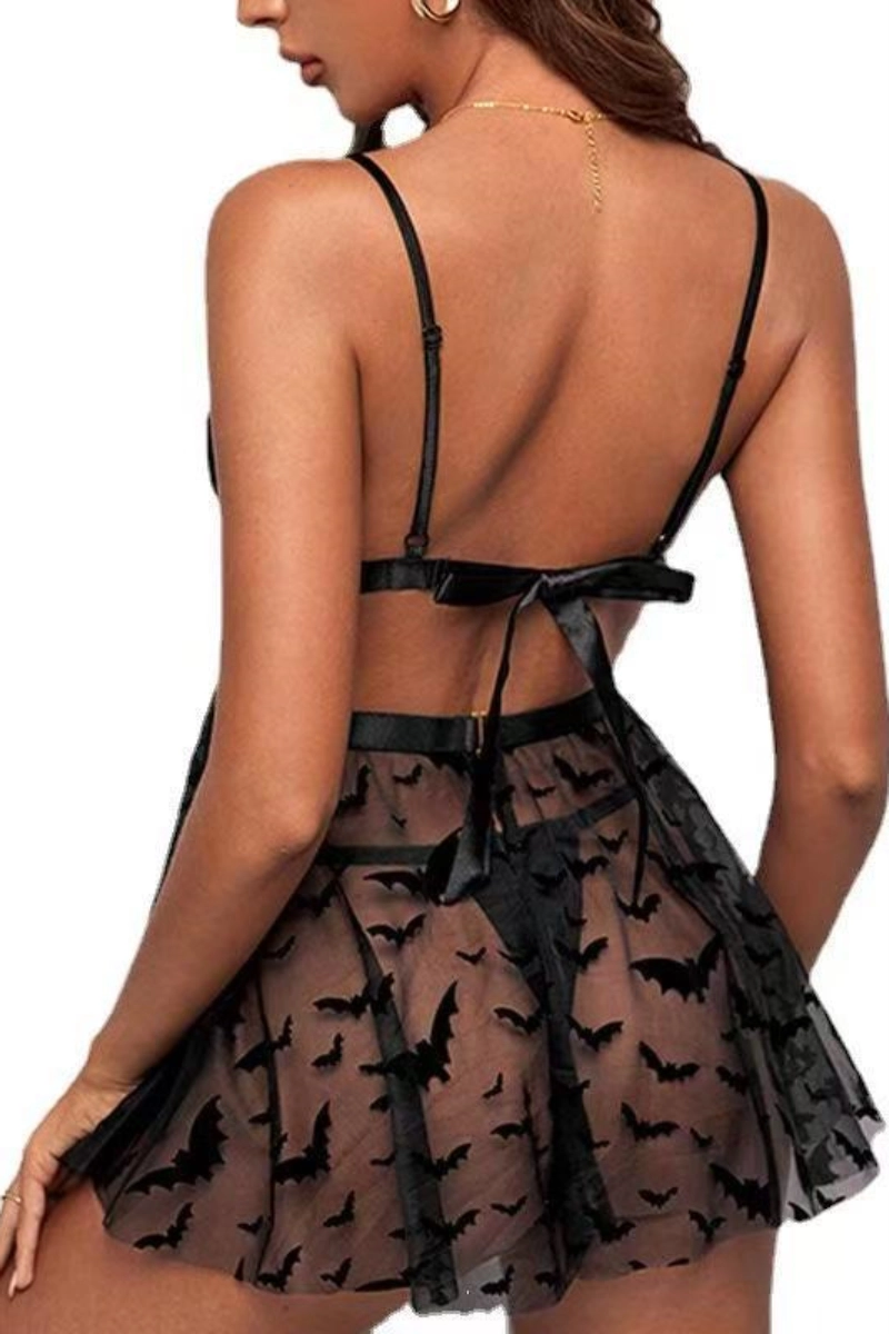 Alt:wholesale elegant lace Pajamas with satin ribbon tie and bat mesh