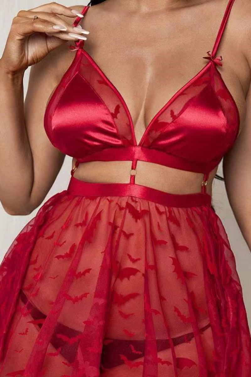 Alt:wholesale elegant lace Pajamas with red bat-themed lace mesh
