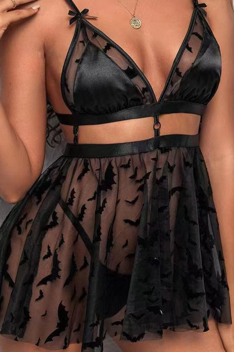 Alt:wholesale elegant lace Pajamas with sheer bat mesh and satin bralette