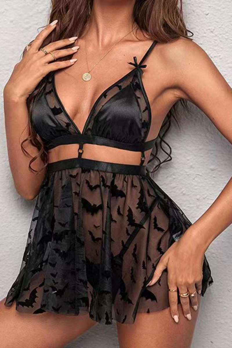Alt:wholesale elegant lace Pajamas featuring bat print mesh and satin cups