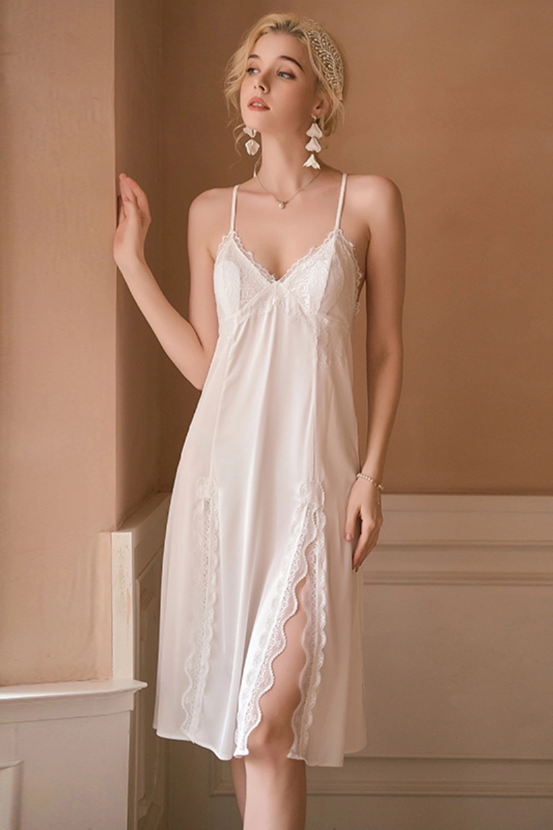 Alt:wholesale long sleeve lace Pajama with white lace overlay and front slit