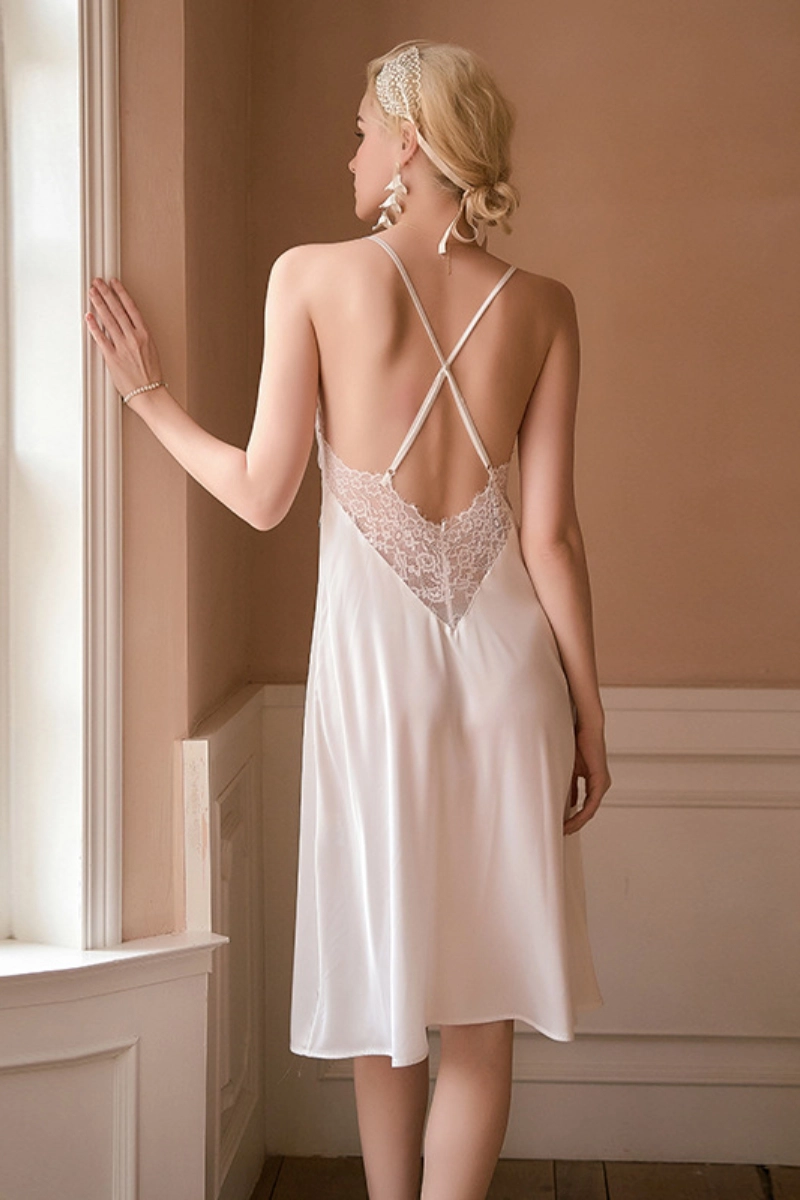 Alt:wholesale long sleeve lace Pajama in white with lace-back design