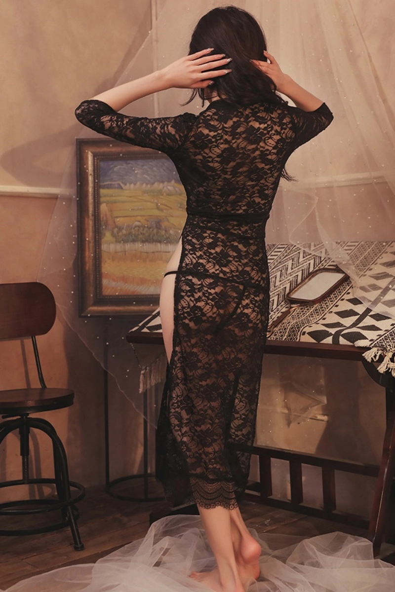 Alt Text:Model displaying black crochet lace pajamas from behind