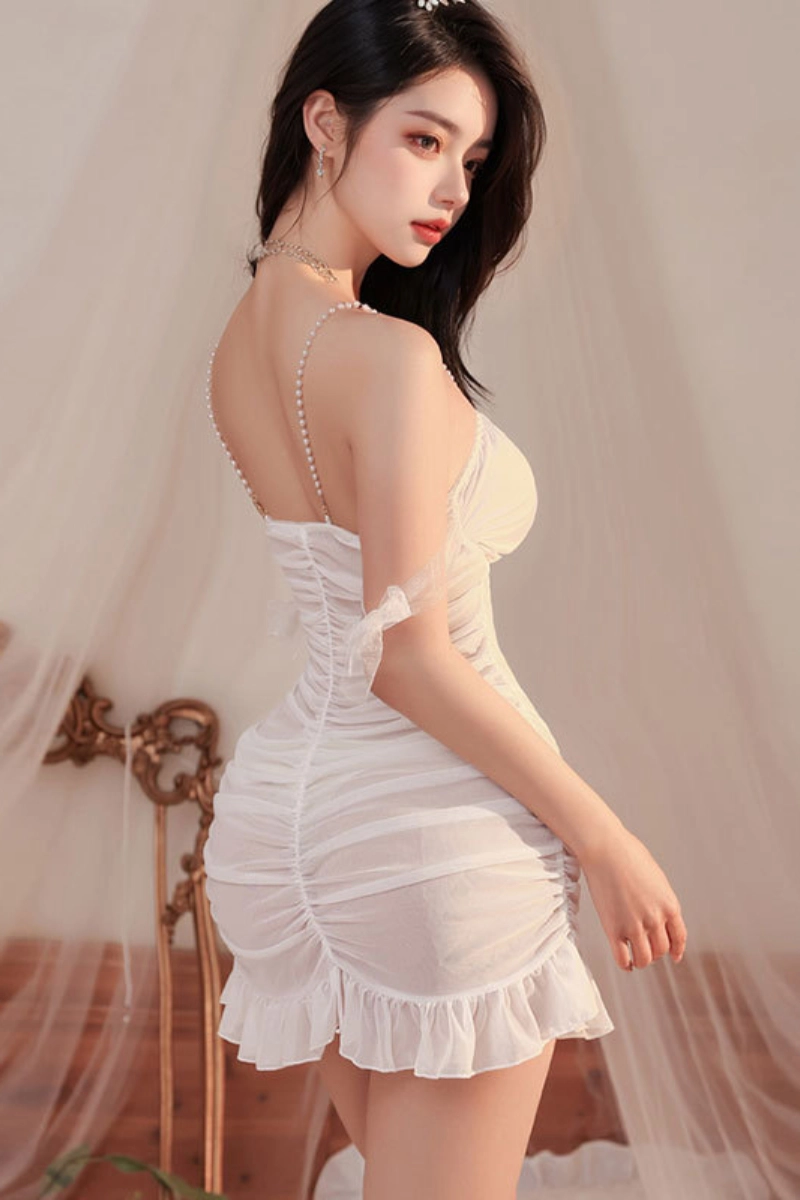 Rear design of white private label lace pajama pants with ruffled hem