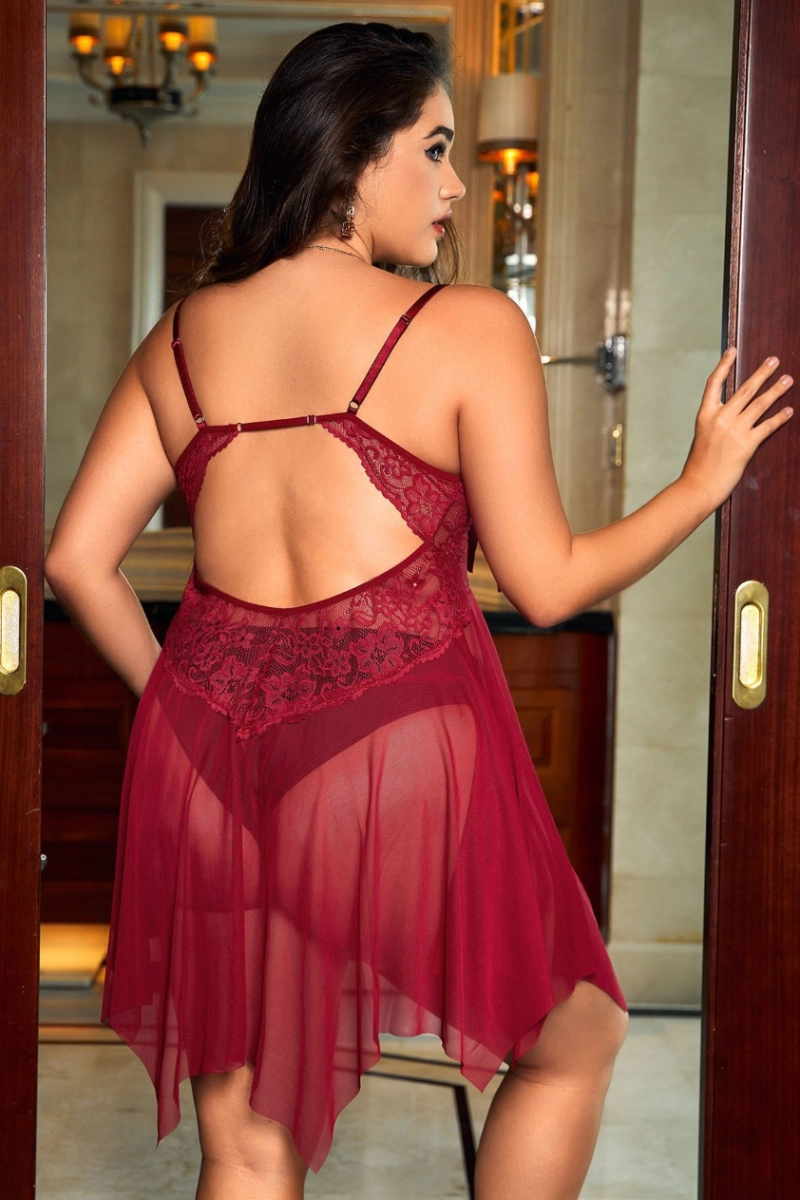 Alt Text:Back design of wine red babydoll pajamas lace with floral lace