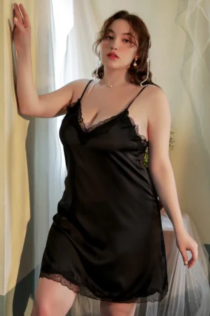 Black satin beautiful lace Pajamas with V-neck lace detailing