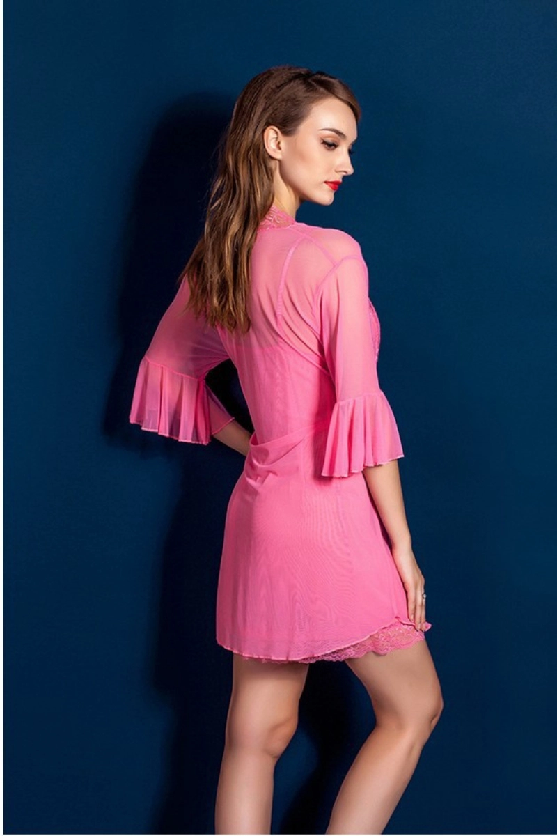 Model in pink womens lace Pajamas featuring delicate lace trim