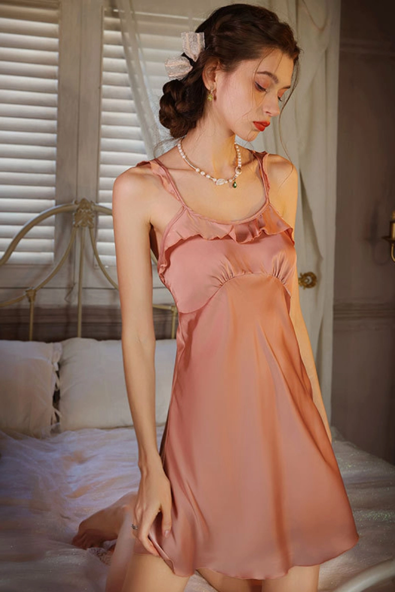 Sunset coral custom bridal lace pajama set with frilled neckline and satin sheen