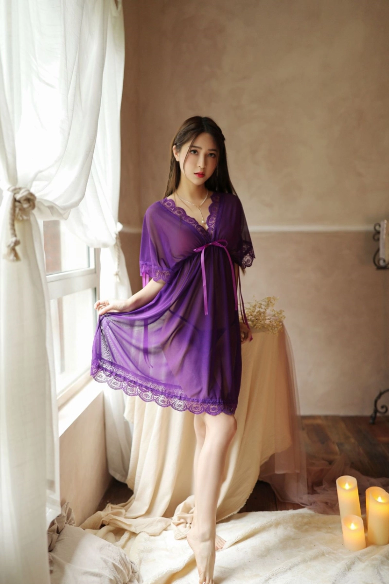 Alt Text: Purple stretch lace bodice pajamas featuring scalloped lace edges and a matching cover