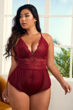 Model wearing burgundy chiffon and lace Pajamas with deep V neckline