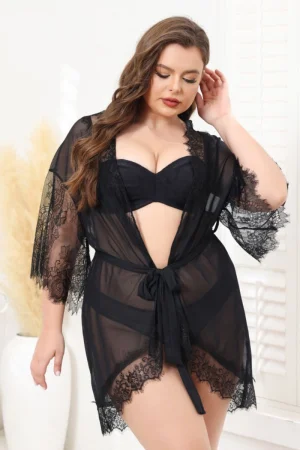 Alt Text：Model wearing black lace short pajamas front view
