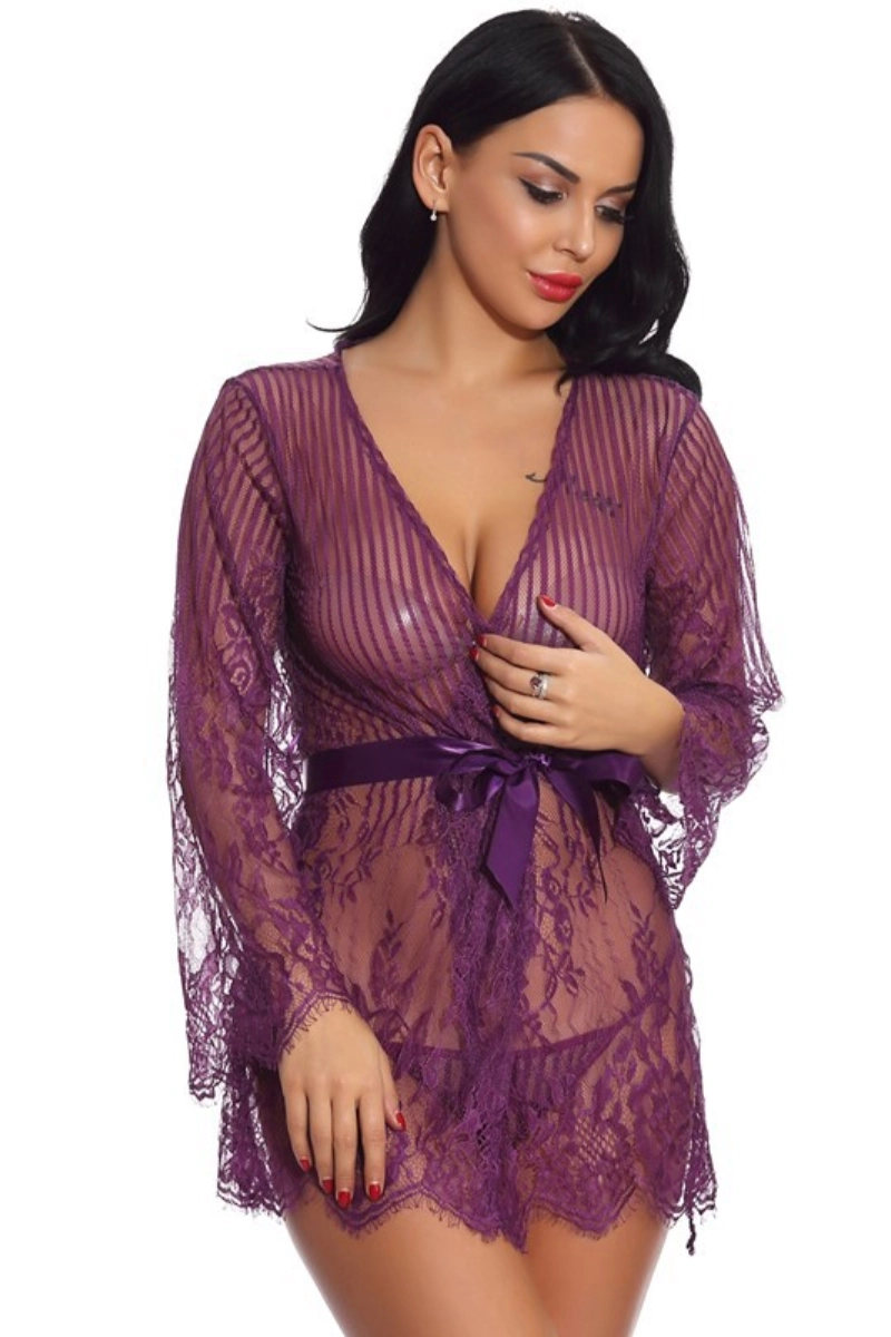 Alt Text：Model wearing purple lace nursing Pajamas with floral patterns and tie waist