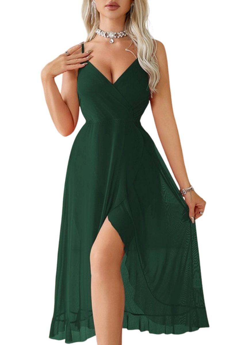Alt Text:Emerald green bulk lace holiday pajamas with soft transparent skirt
