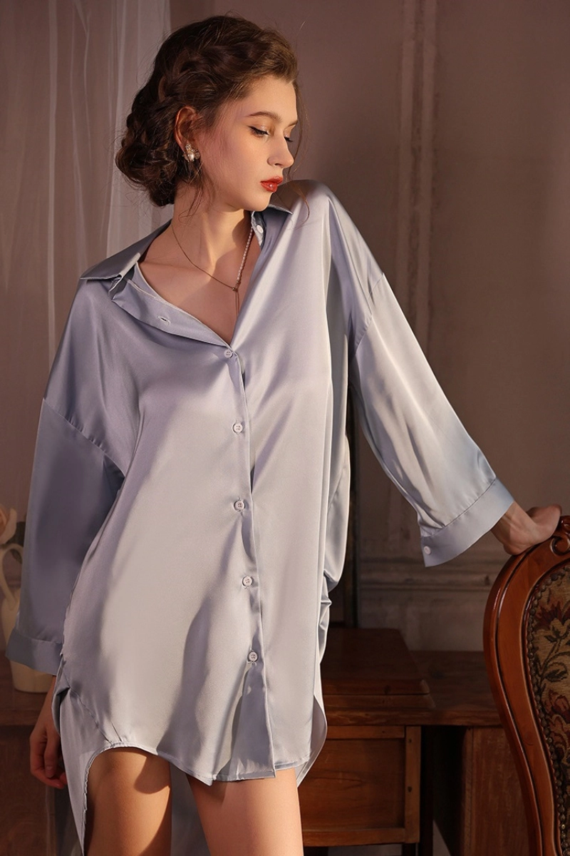 Front-facing model wearing misty blue cosabella lace pajamas