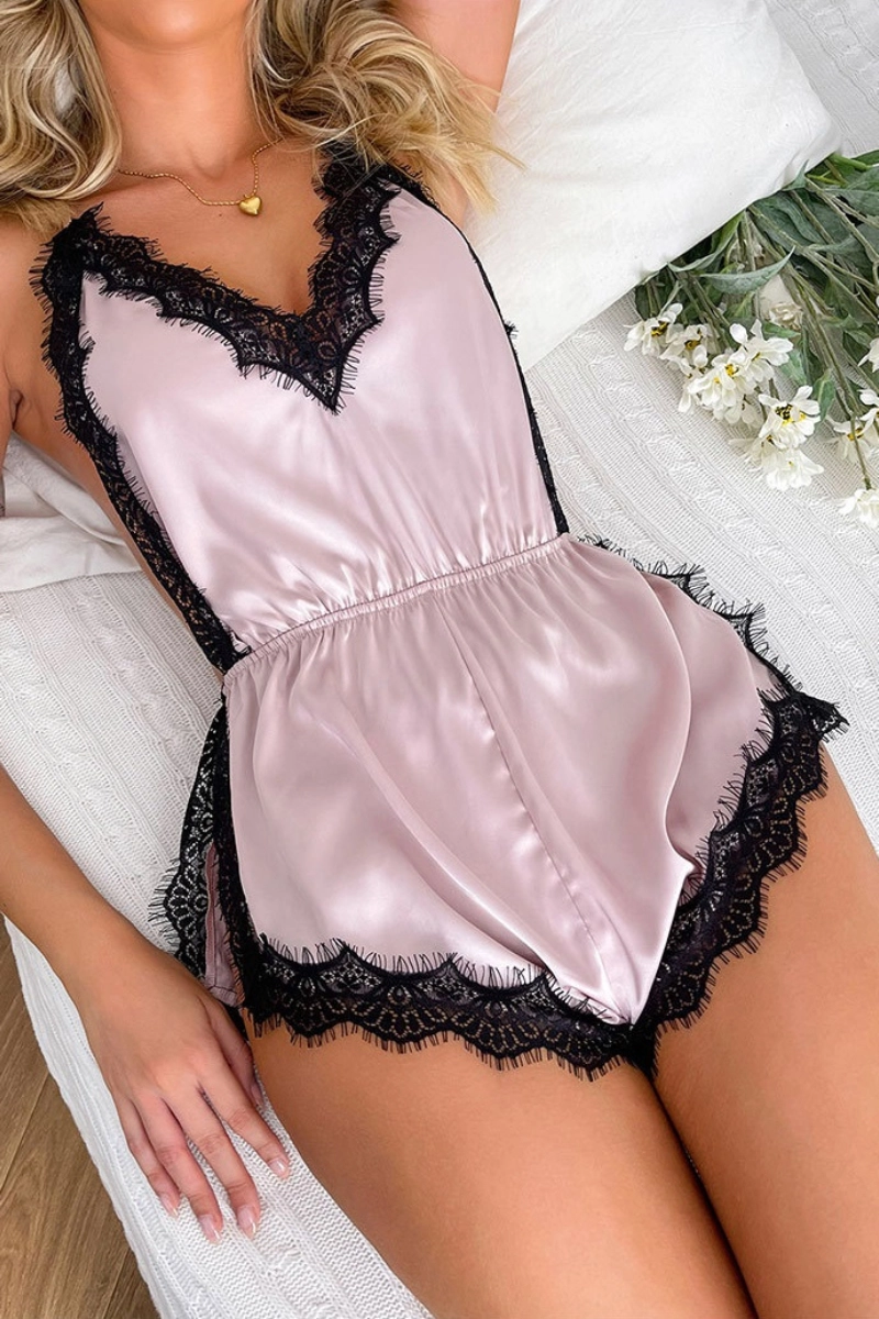 Alt Text: Blush pink OEM lace holiday pajamas with black lace detailing