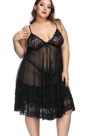 Alt Text: Model wearing black b2b lace pajamas sleep set plus size from front