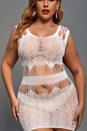Front view of white custom lace robe pajama set featuring sheer floral patterns