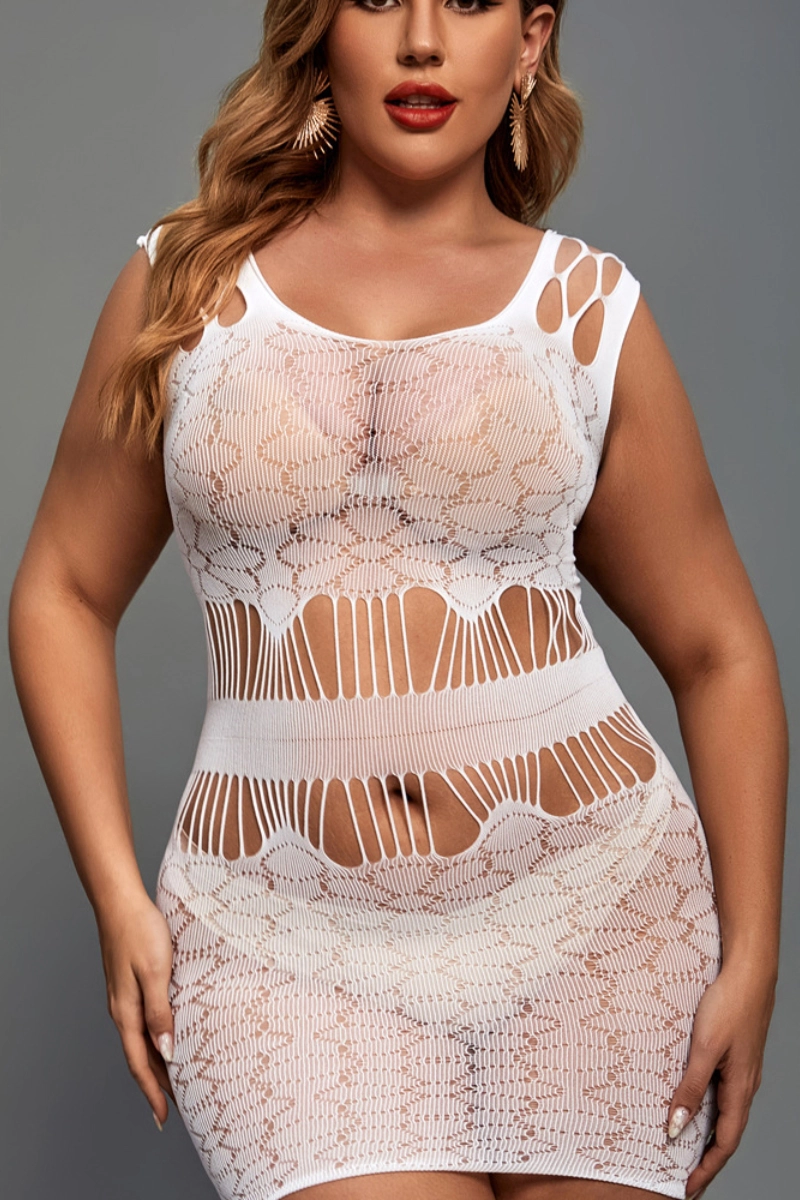 Front view of white custom lace robe pajama set featuring sheer floral patterns