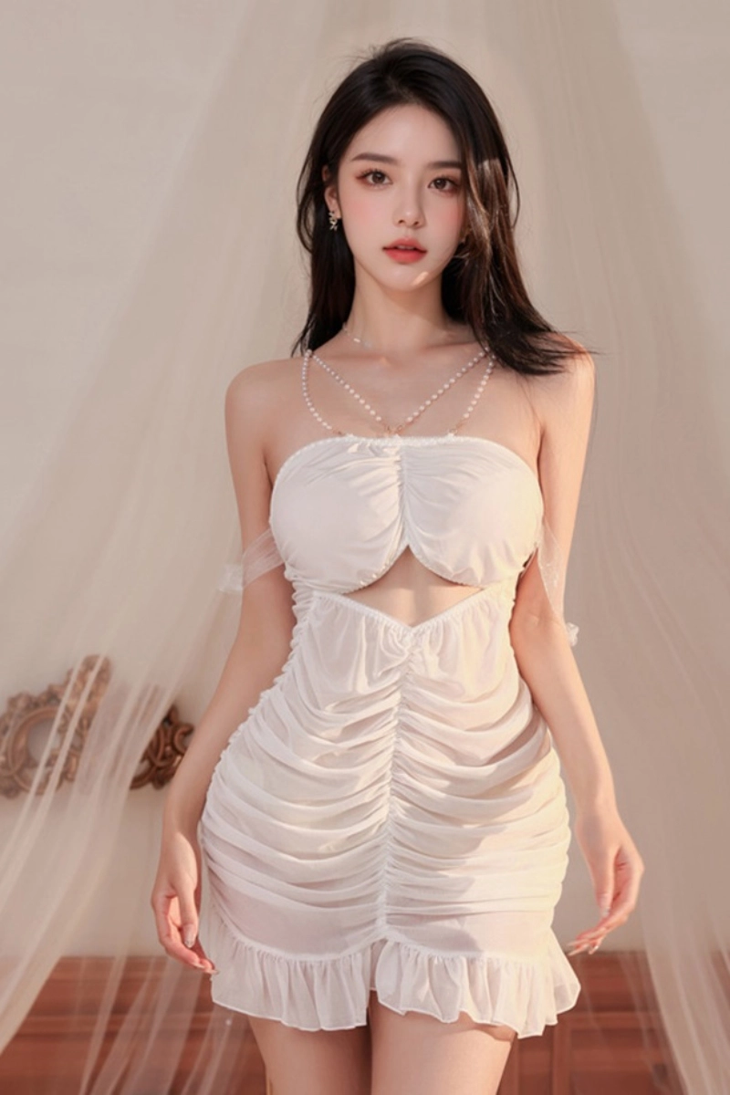 White private label lace pajama pants with ruched design and pearl straps