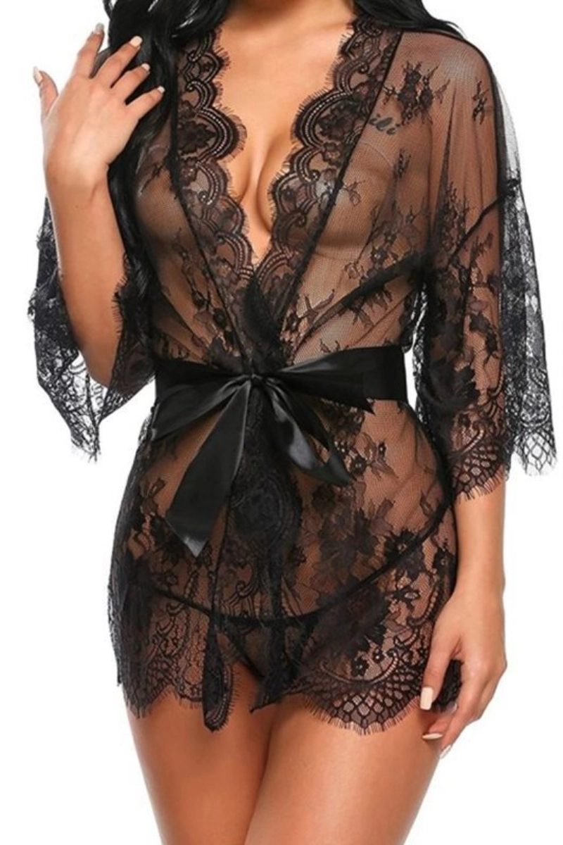 Alt Text:Private label lace robe pajama set featuring deep V front and satin belt