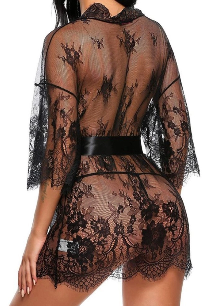 Alt Text:Private label lace robe pajama set featuring sheer floral lace back