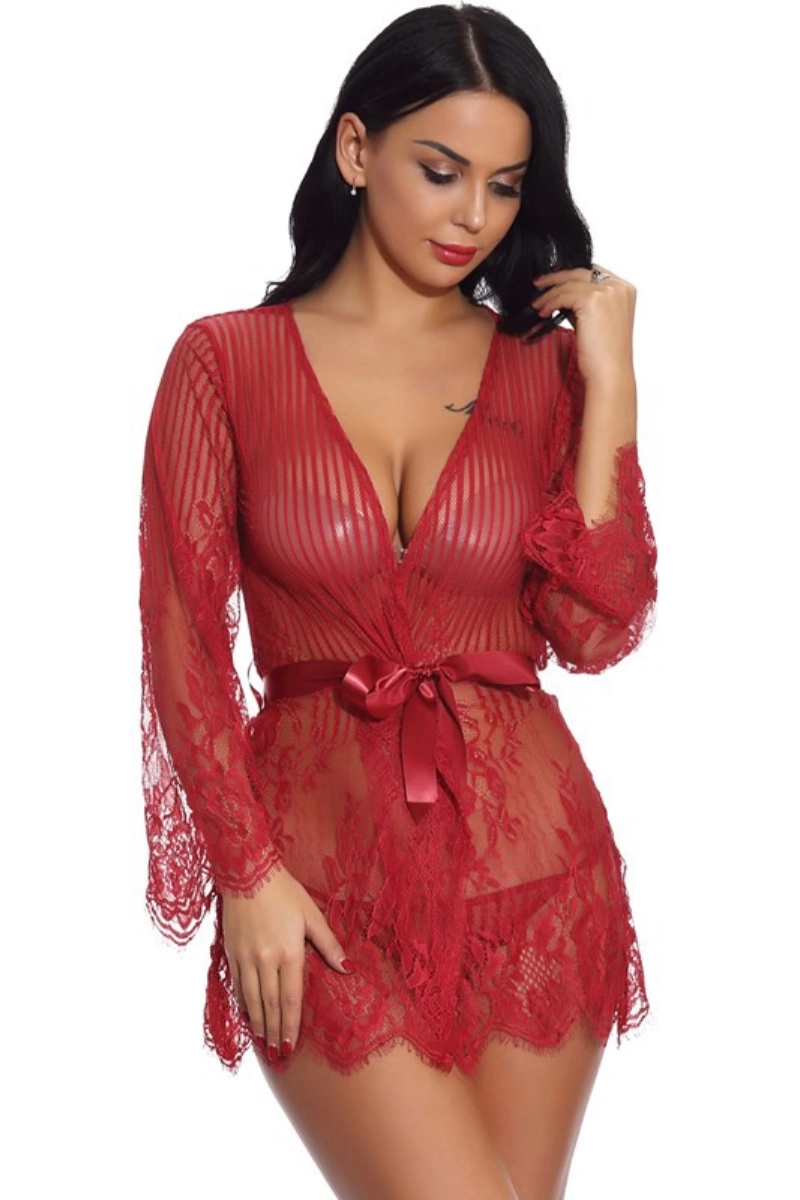 Alt Text：Red sheer lace nursing Pajamas featuring satin ribbon and floral design