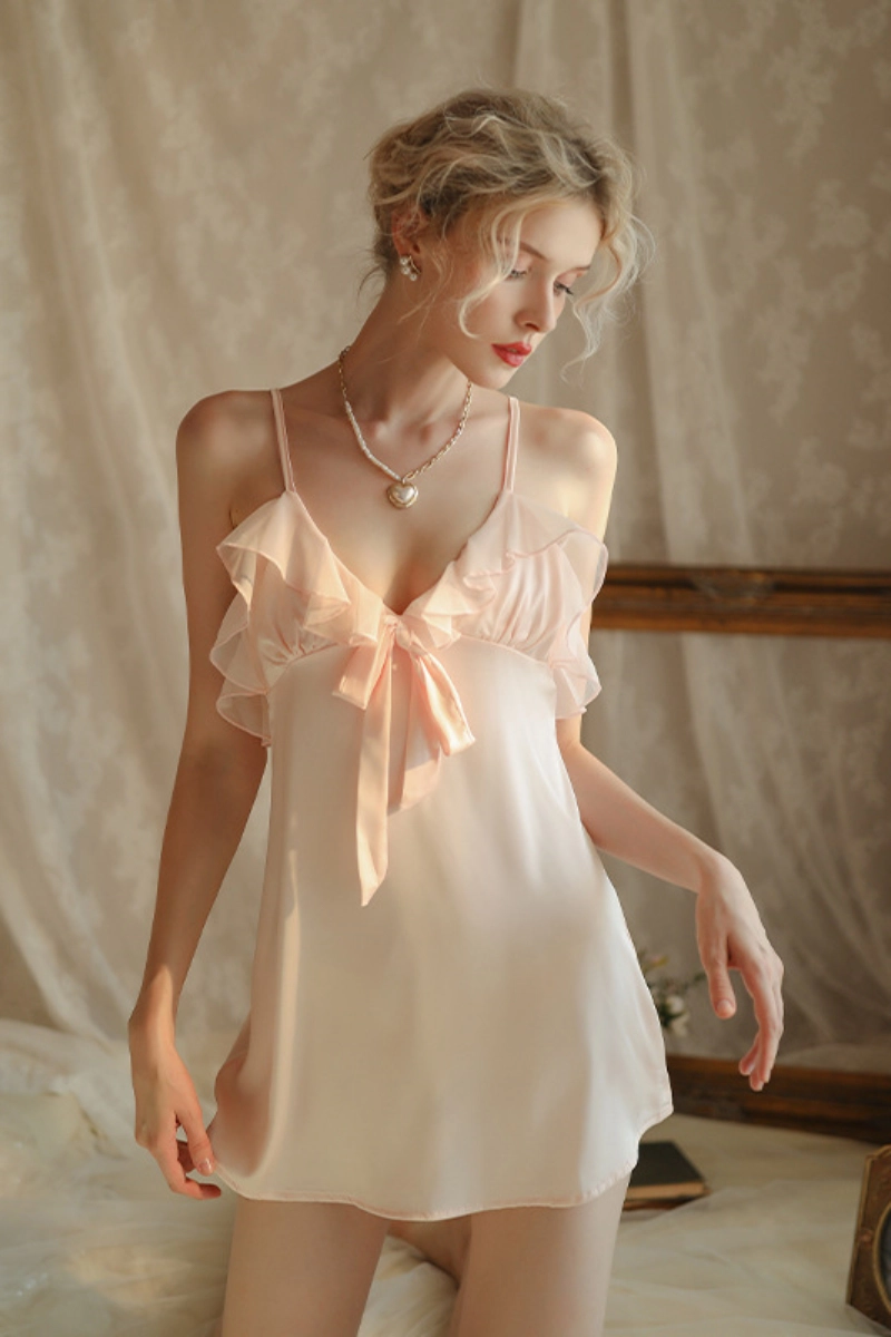 Alt Text:Peach pink private label bridal lace pajama set with bow front