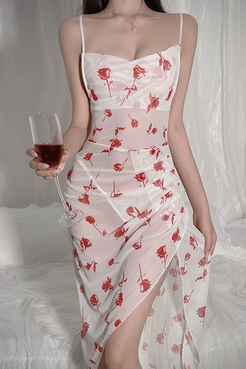 Alt Text: Woman wearing red rose eyelet lace pajamas in sheer white fabric