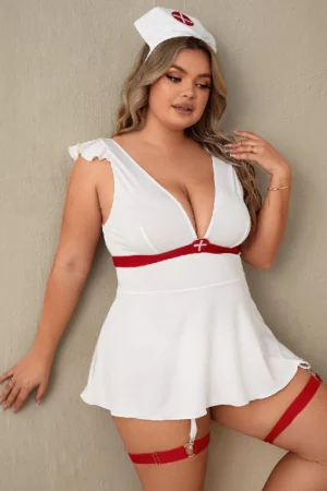 Plus-size model in white long sleeve lace Pajamas with red trim nurse costume