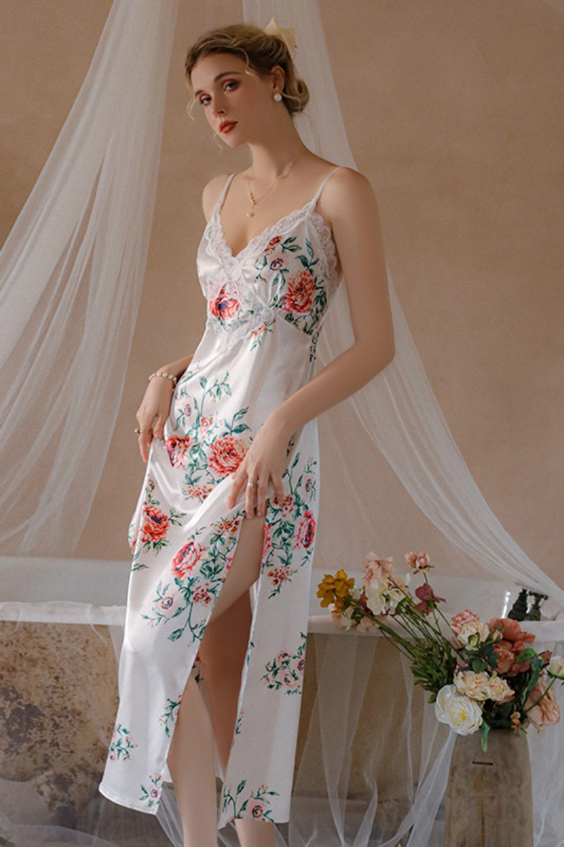 Plus size model wearing elegant white floral bulk bridal lace pajama set