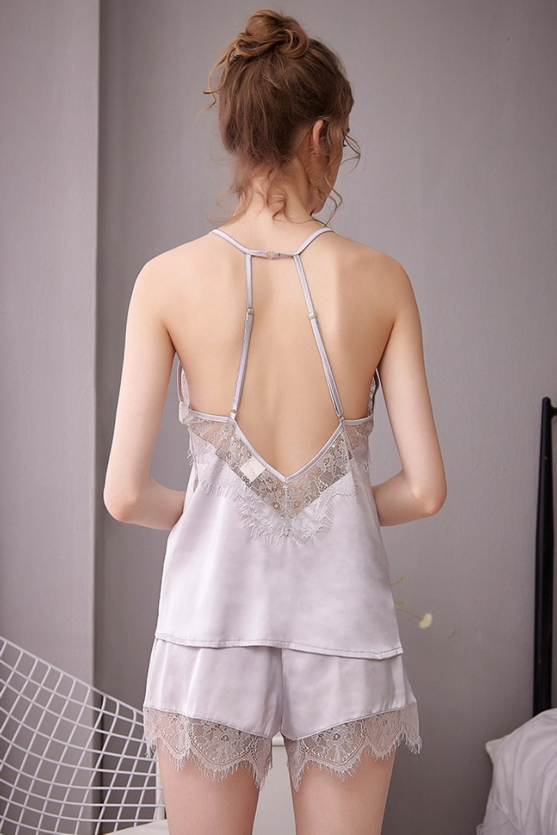 Alt:Back view of long sexy Pajamas lace in silver with lace accent