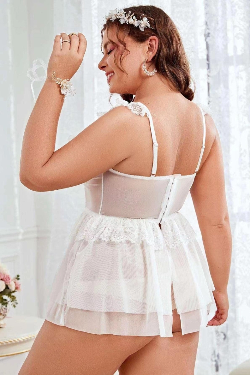 Back view of white lace transparent pajamas with double layer skirt