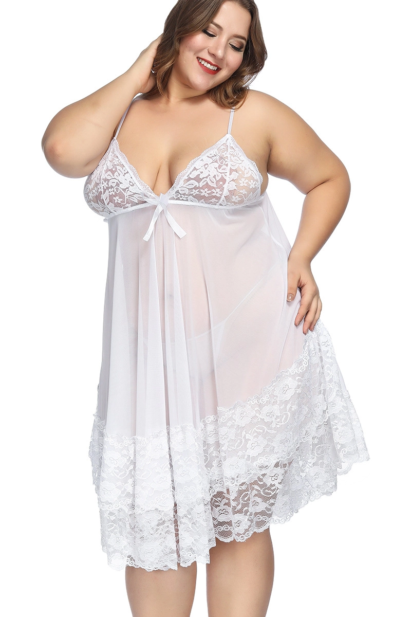 Alt Text: Front pose of model in white b2b lace pajamas sleep set plus size