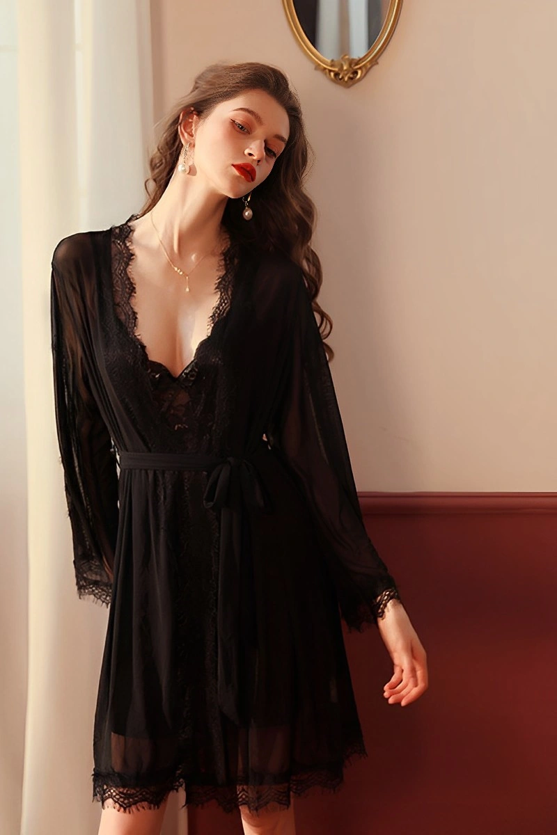 Alt Text:Private label Sexy Nightgown in black with sheer robe and lace trim