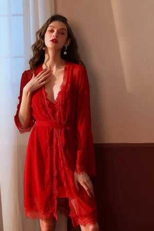Alt Text：Front view of private label Sexy Nightgown in red with deep V-neck and lace robe