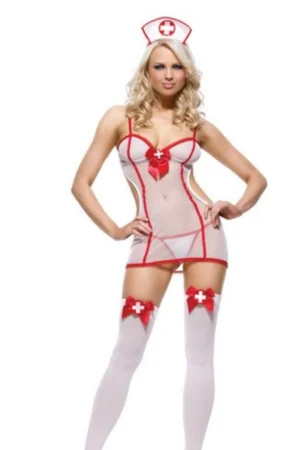 Model in sexy nurse lingerie set featuring sheer mini dress, red bow details, stockings, and nurse headpiece