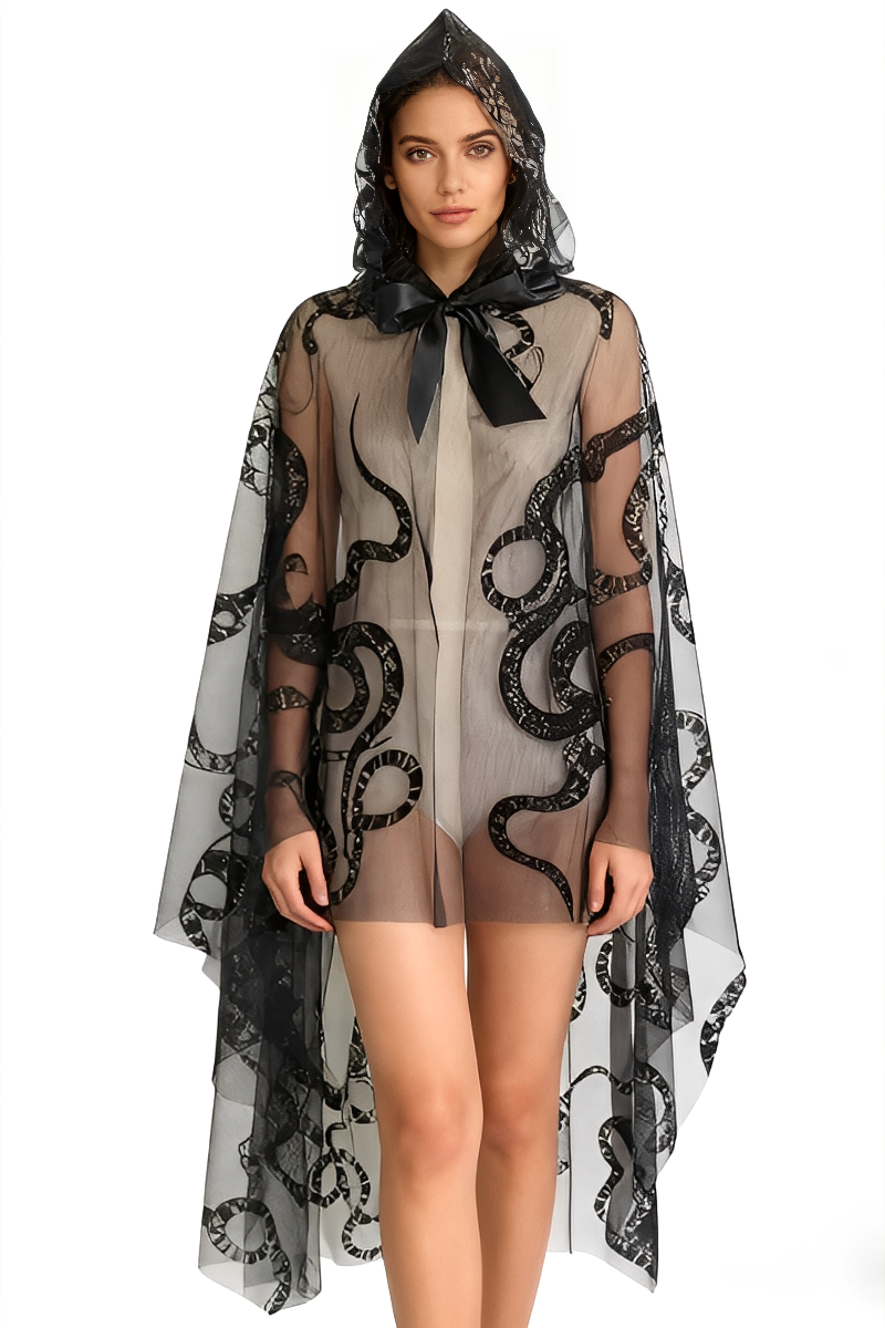 Front view of a black lace hooded cape with snake pattern embroidery