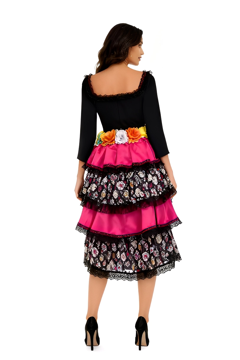 Back view of a pink Day of the Dead Costume Dress with tiered satin and lace skirt, floral waist detail