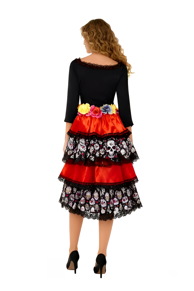 Back view of a red Day of the Dead Costume Dress with layered lace and colorful floral waistline
