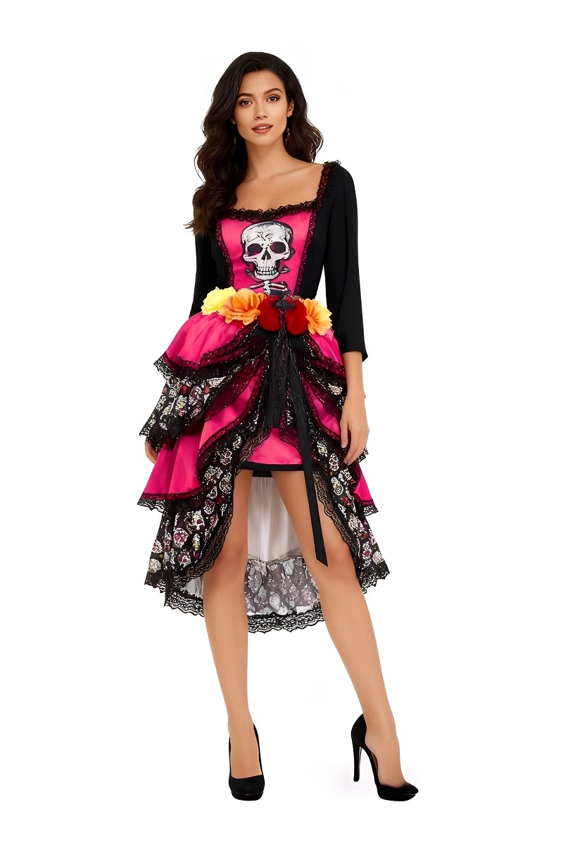Front view of a woman in pink Day of the Dead Costume Dress with layered lace skirt, floral belt, and skull print top