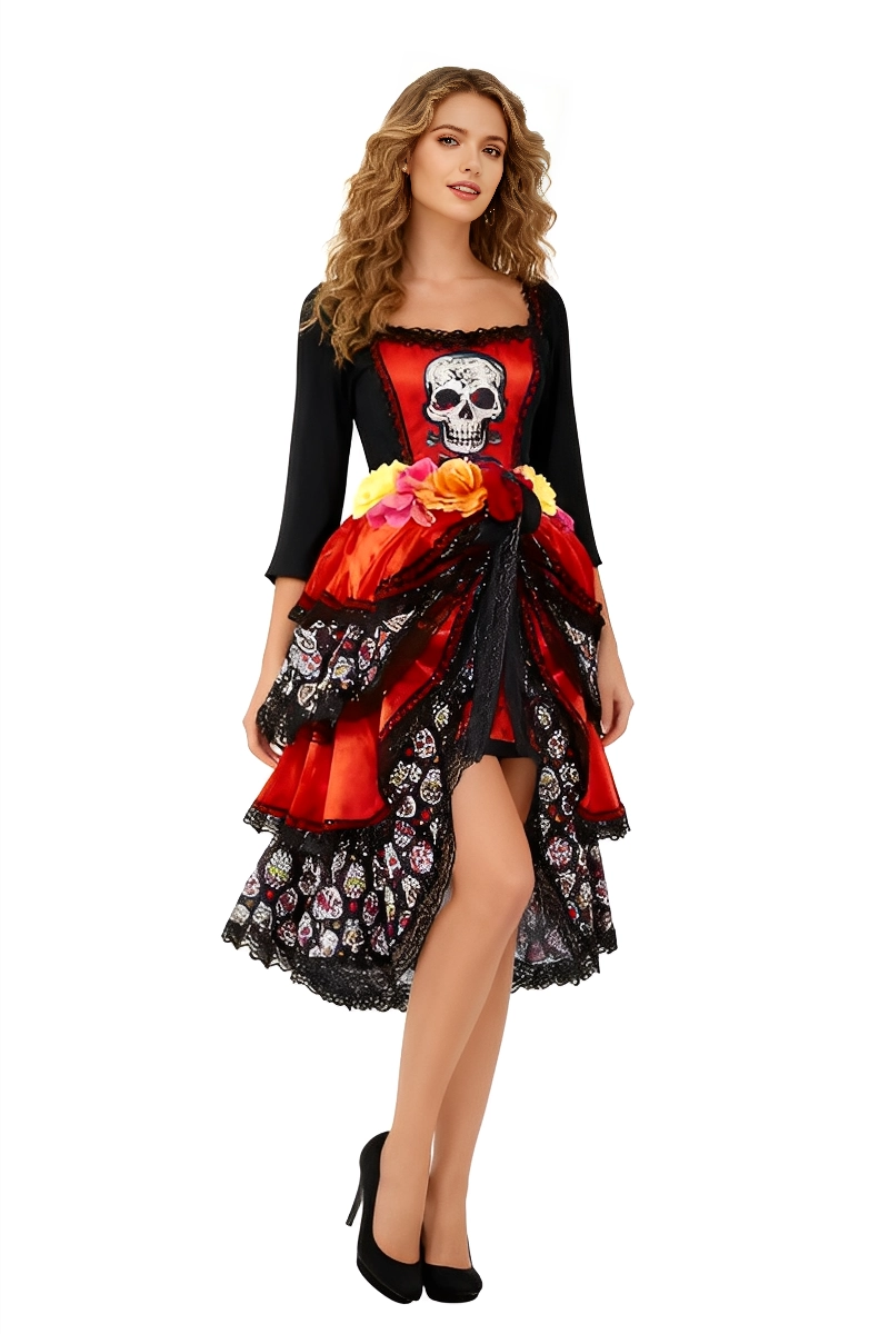 Front view of a woman in red Day of the Dead Costume Dress with skull design bodice and layered lace skirt