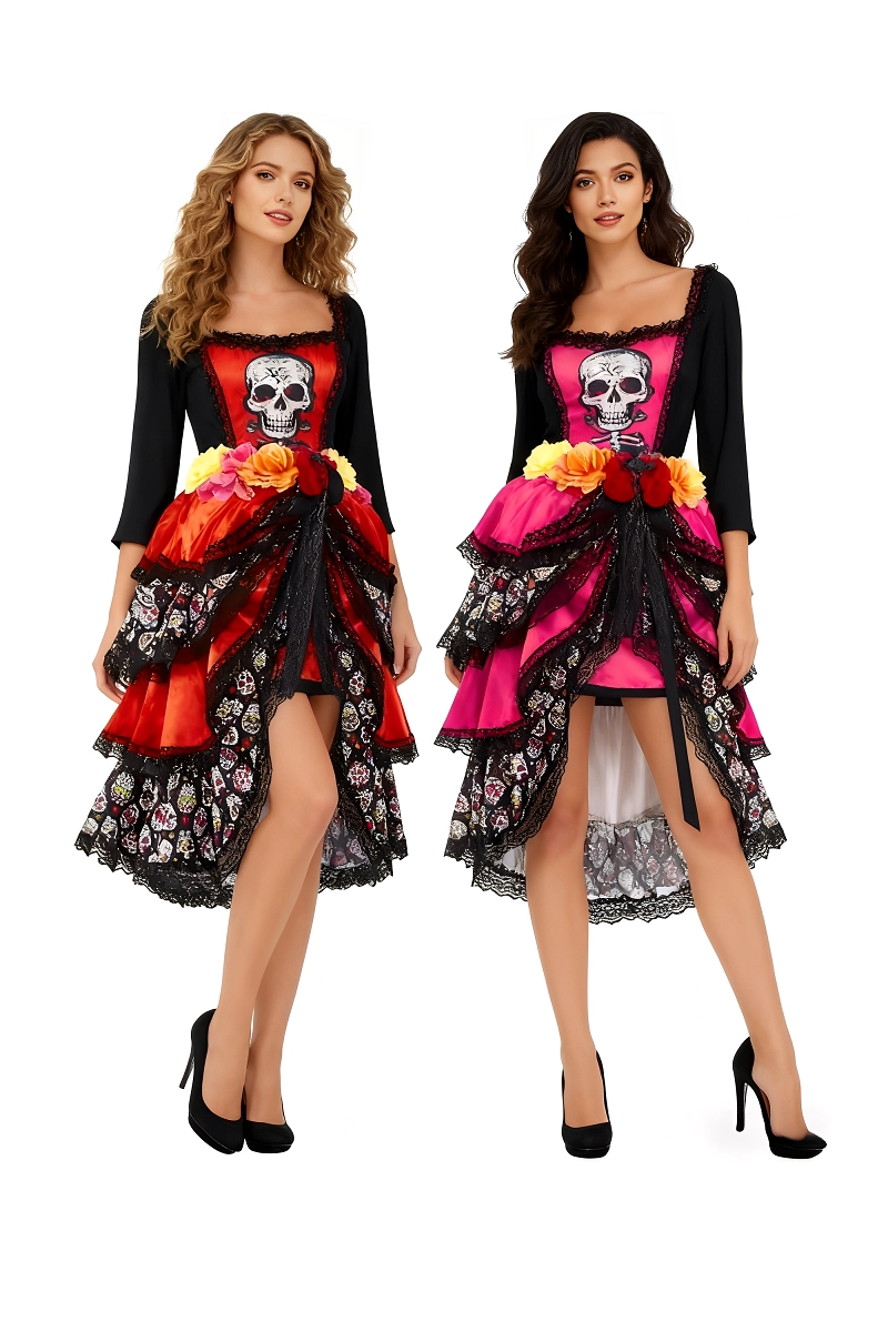 Two women wearing Day of the Dead Costume Dress, one in red and one in pink, with layered lace skirts and skull print bodice