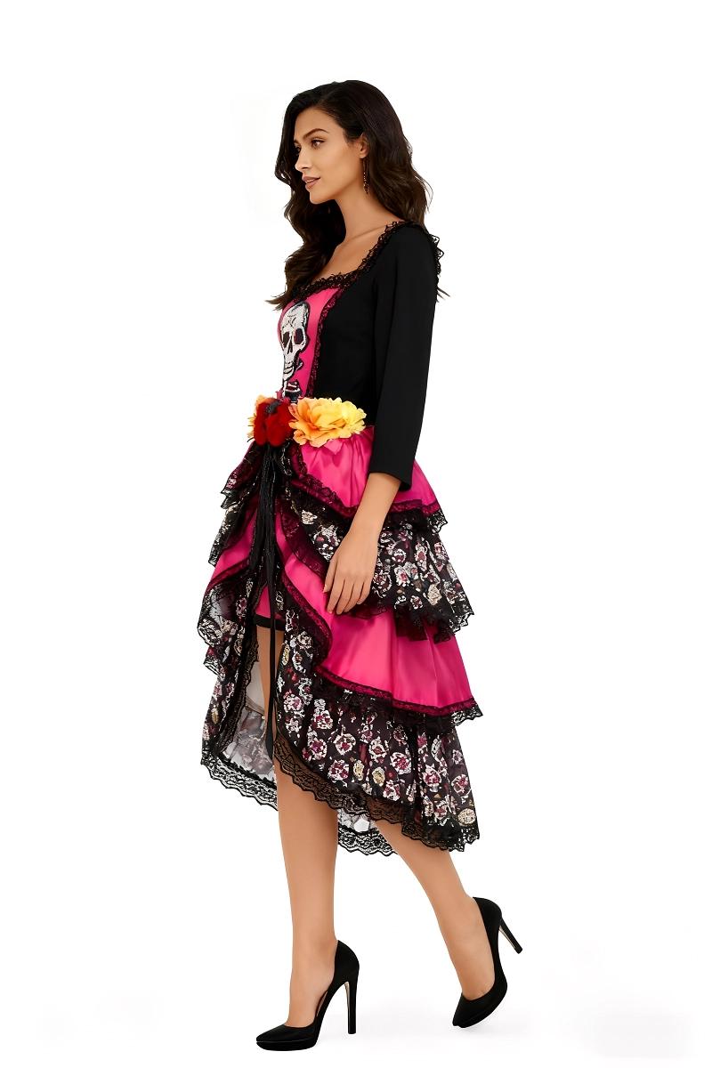 Side view of a woman in pink Day of the Dead Costume Dress with layered lace and skull bodice