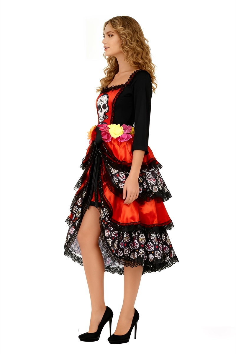 Side view of a woman in red Day of the Dead Costume Dress with skull bodice and floral waistline