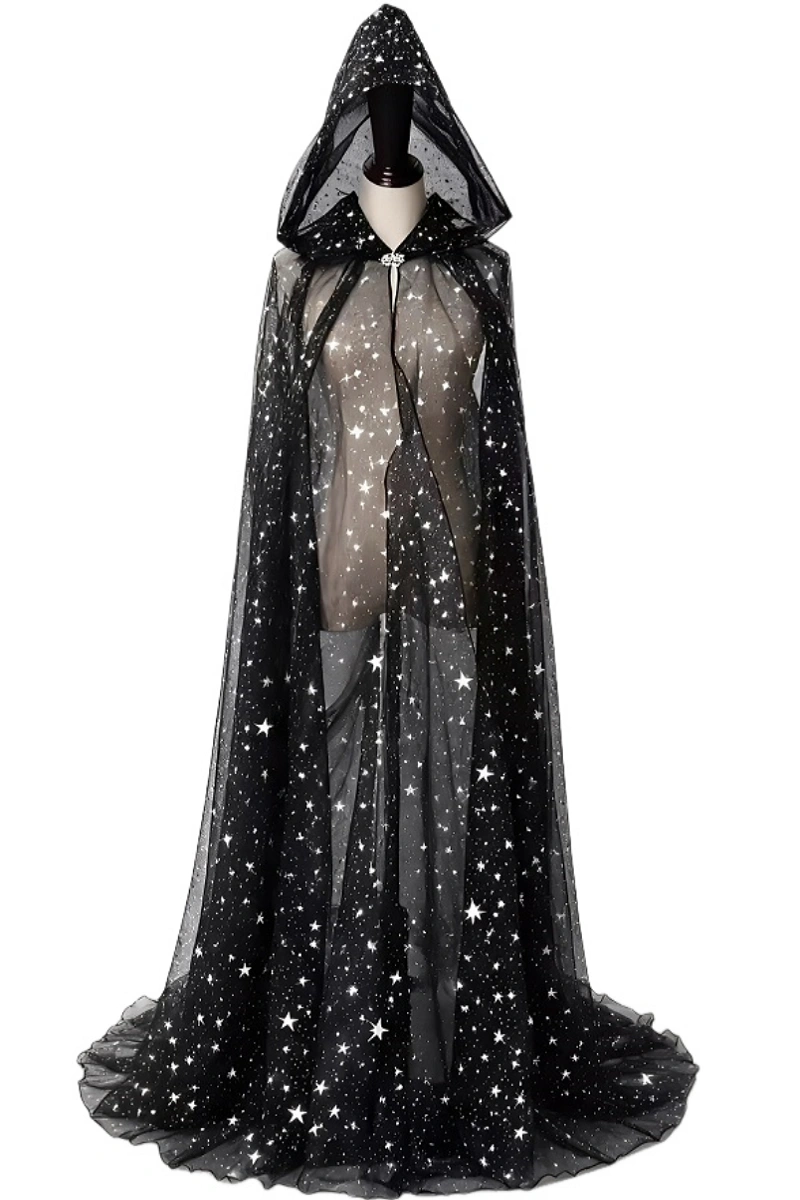 Front view of a Sequin Hooded Cloak in black sheer mesh with star sequins, hood, and a floor-length train on a mannequin
